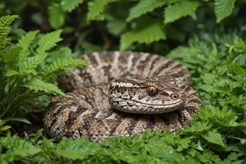 A camouflaged puff adder coiled amongst vibrant green leaves , africa wildlife, habitat