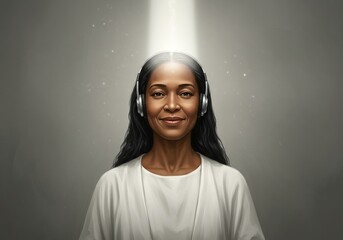 Serene Woman with Headphones and Light Beam Above Head - Conceptual illustration depicting spiritual connection, meditation, divine inspiration, or listening to inner wisdom.