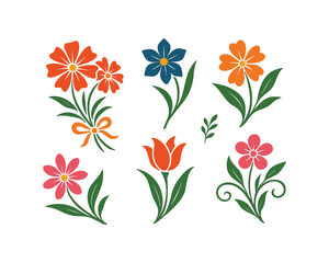 Floral Vector Set: Simple Style, Vibrant Colors, Cute Botanical Illustration. Assorted Blossom Clipart with Green Leaves. Flower Elements Perfect for Graphic Designs.