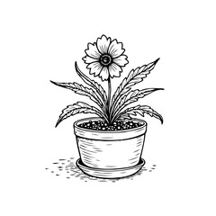 Elegant floral illustration captivating a blossoming flower nestled within a sleek planter pot design against clean backdrop