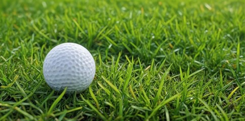 Fototapeta premium A pristine golf ball rests in vibrant green grass , sport, stock photo, photography