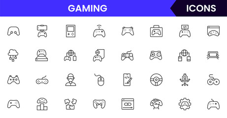 Gaming vector web line icon collection, sleek illustrations of controllers, headsets, consoles, virtual reality for immersive, dynamic designs.