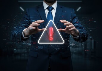Business professional holds an attention-grabbing, glowing red warning sign, representing alerts and potential risks.