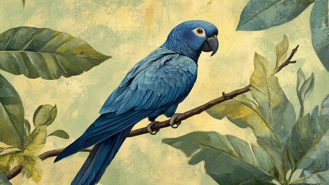 Vibrant blue hyacinth macaw perched gracefully on a branch amidst lush green foliage