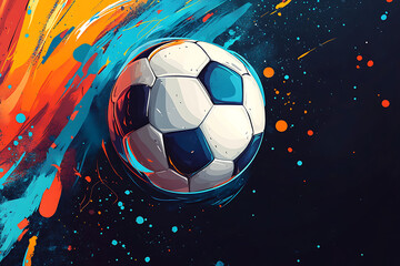 Colorful abstract illustration of a soccer ball in motion against a vibrant splash background