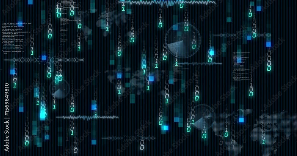 Poster binary digits, glowing squares starting cascade, emerging map, lines hud overlay visualizing data