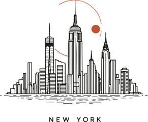 NYC Skyline Line Art, Modern Outline of New York Landmarks, Minimalist Cityscape Drawing Vector