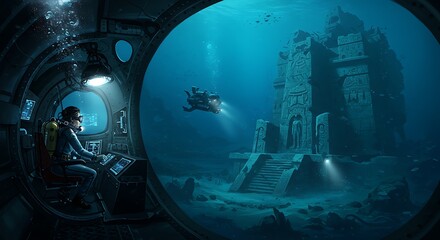Deep-sea researcher in submersible illuminating ancient ruins in abyssal darkness