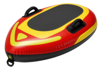 Single-rider inflatable towable with an aerodynamic shape and bright red and yellow color scheme