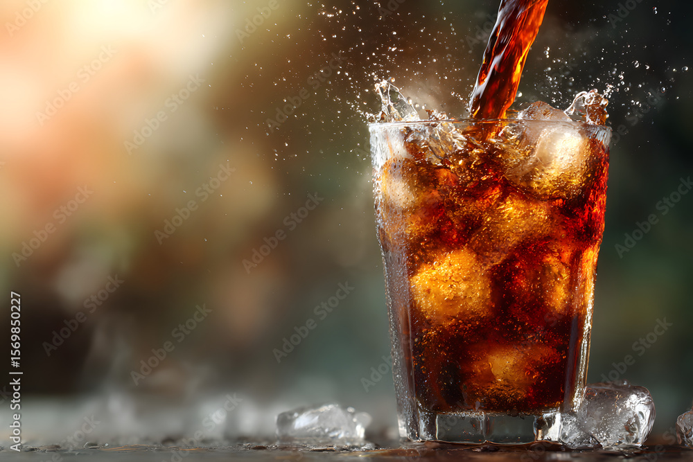 Poster refreshing cola drink pouring into a glass with ice, creating splashes and bubbles, set against a bl