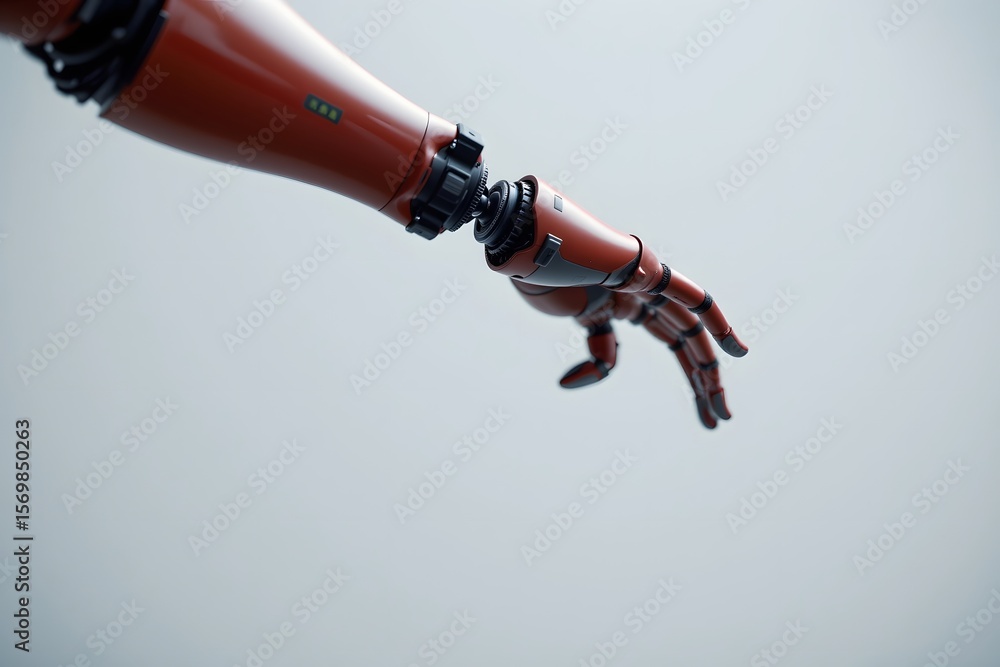 Poster robotic arm in motion: a detailed image of a robotic arm extending forward, its metallic form and ar