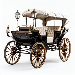 Elaborate black and gold carriage with white canopy, a journey through time on white background