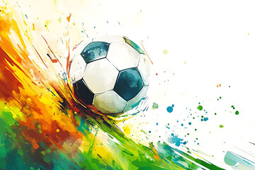 Naklejka premium Colorful abstract illustration of a soccer ball in motion with vibrant splashes of paint