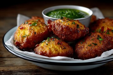 Golden Bhajis served with a vibrant green chutney dipping sauce on a rustic white plate against a dark background.