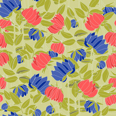 Seamless pattern with hand drawn meadow bold flowers. Colorful illustrations on blue background for surface design and other design projects