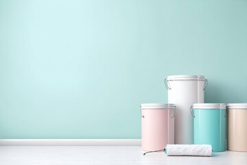 Minimal home renovation background. Paint buckets and roller with pastel wall