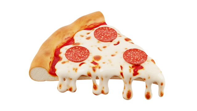 A delectable slice of pepperoni pizza with melted cheese, isolated on a white background.