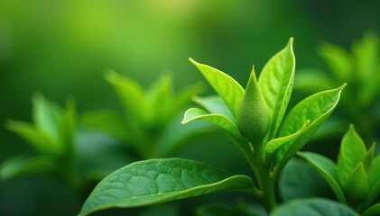 Obraz premium Delicate, emerald green tea buds and leaves unfurl , tea leaves, tea buds