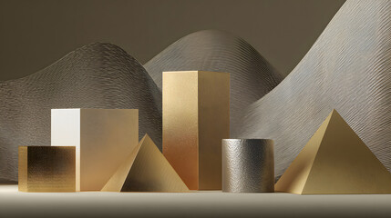 Golden geometric shapes create a striking abstract display with a wavy backdrop, perfect for modern graphic design concepts.