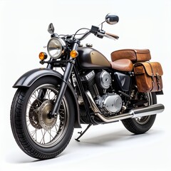 Detailed rendering of a classic motorcycle with saddlebags in studio setting on white background