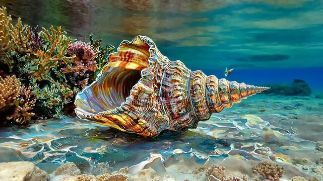 Vibrant seashell resting on a coral reef in clear ocean water, showcasing marine life