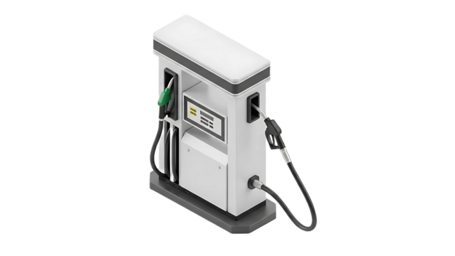 Isometric illustration of a modern gas pump, showing the dispensing equipment and control panel.