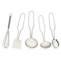 Toy kitchen utensils made of metal on a white background.