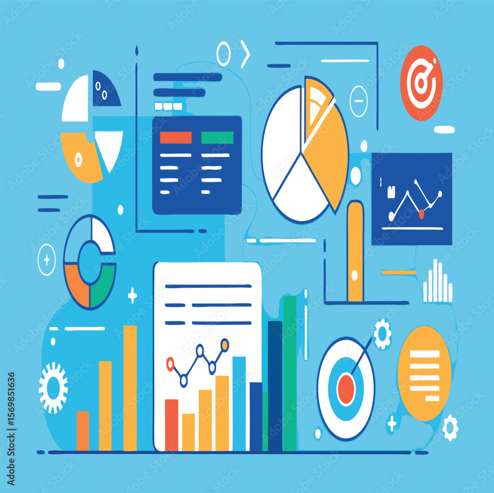 Poster illustration of data charts and graphs including bar and pie charts on a white background layout