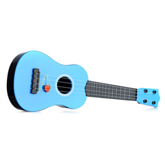 A child's blue guitar on a white background.