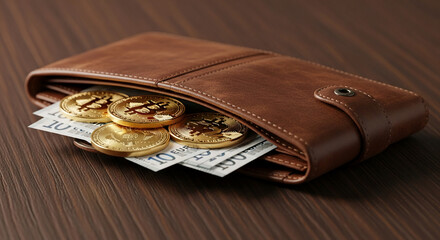 Brown leather wallet with gold Bitcoin coins and euro banknotes inside, on a brown wooden surface, showcasing cryptocurrency and traditional finance