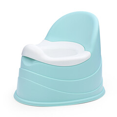 A baby blue potty with a white lid for going to the toilet made of plastic on a white background.