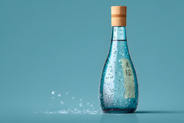 Elegant sake bottle with water droplets isolated on a transparent background, clean.