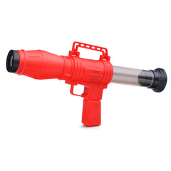 Children's toy red shotgun on a white background.