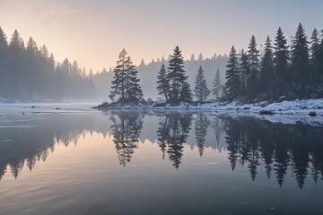 Fototapeta premium Icy lake surface, pale winter sky reflected, evergreen silhouettes, nature, sunlight, winter scene