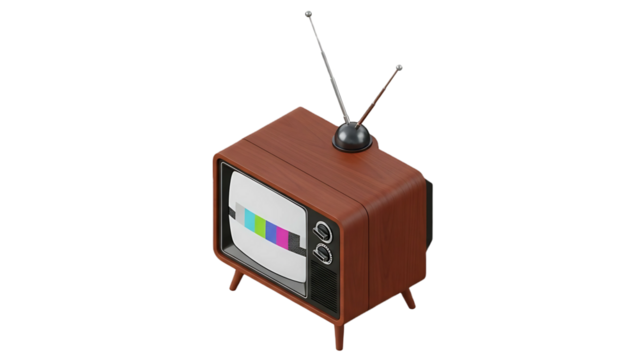 Retro wooden television set displaying a test pattern, showcasing vintage technology and broadcasting.