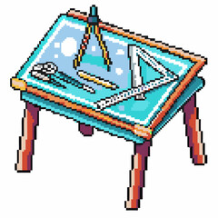 Isometric drafting table with technical drawing tools pixel art illustration of compass, triangle ruler, pencil, and caliper