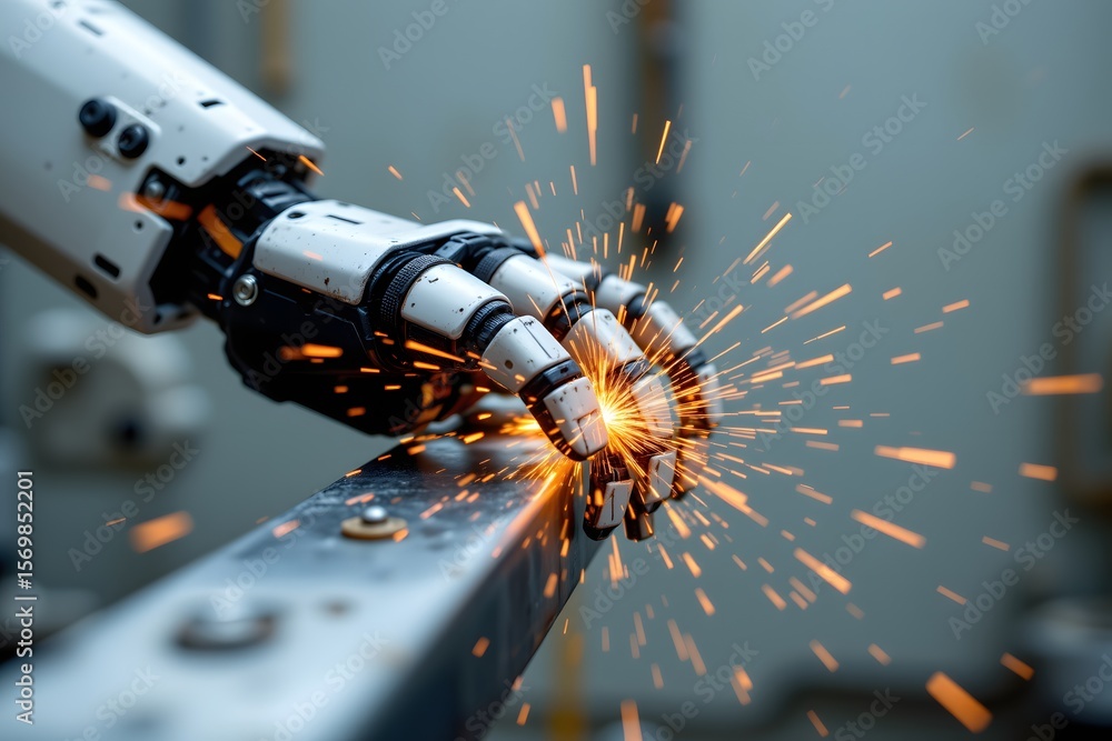 Poster robot hand welding sparks: a robot hand precisely welds metal, sending sparks flying in a showcase o