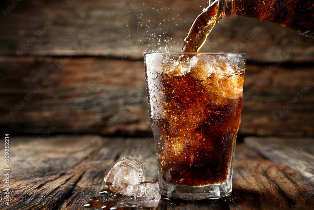 Poster refreshing cola beverage being poured into a glass with ice cubes, creating a cool drink with bubble