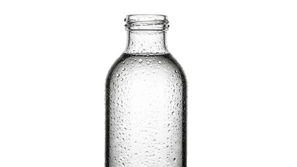 Glass bottle filled with water, condensation droplets visible, isolated on white background.