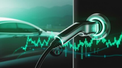 An electric car is shown charging at a futuristic station with digital data overlays symbolizing energy flow and technology integration. - Powered by Adobe