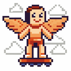 Obraz premium Pixel art winged character flying on hoverboard retro video game style, human with orange wings, clouds in background