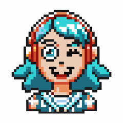 Fototapeta premium Smiling pixel art character with blue hair and playful wink retro video game style, cheerful female avatar, 8 bit illustration