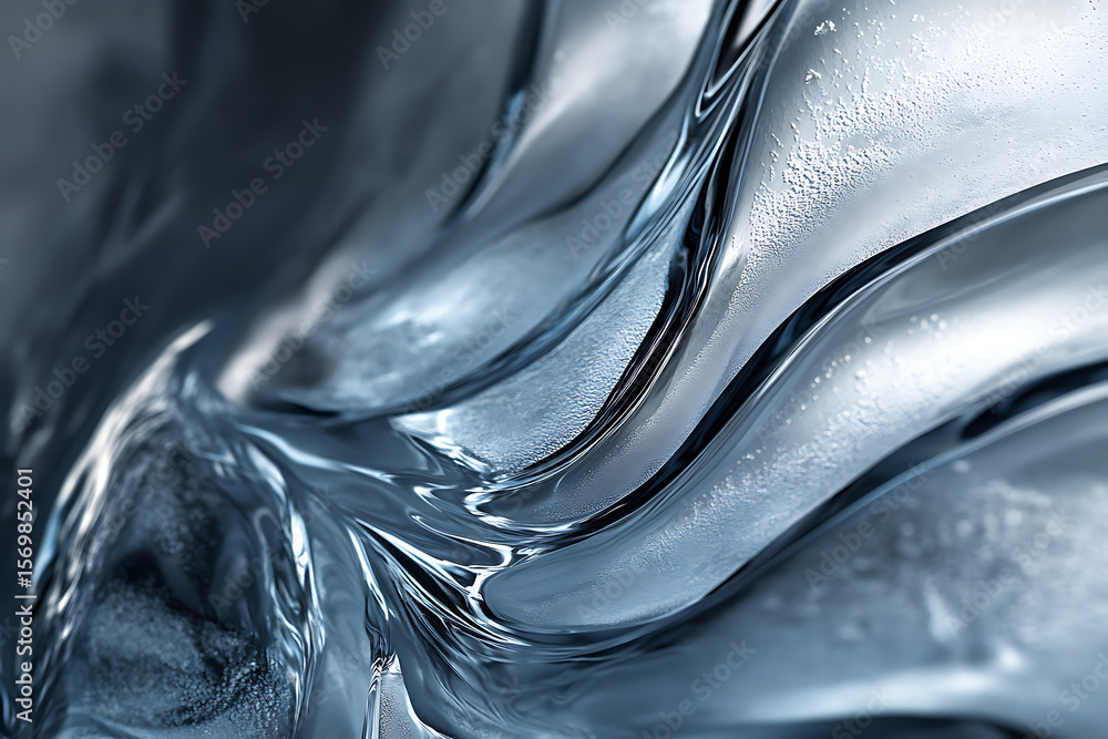 Poster an ultra-close-up view of transparent, frozen ice with intricate patterns and textures, creating an 