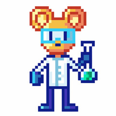 Obraz premium Pixel art mouse scientist with lab coat, blue gloves, safety goggles and chemical flask, retro experiment character