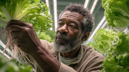 Black man examining hydroponic roots with one hand while steadying a lettuce plant, wearing neutral modern clothes, standing in high-tech vertical farm, LED-lit environment.