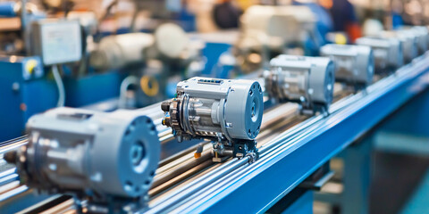 Fototapeta premium Small electric motors on assembly line in manufacturing facility Generative AI