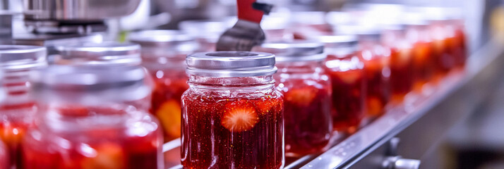 Strawberry jam filling process in glass jars Generative AI