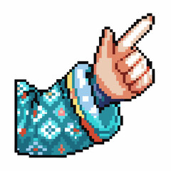 Pixel art pointing hand in patterned sleeve, retro video game style, colorful gesture, digital 8 bit icon