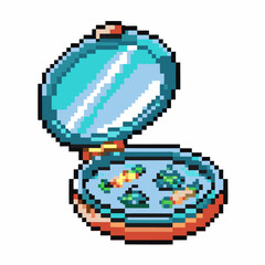 Fototapeta premium Pixel art jewelry box with gems and pearls inside, blue and pink color scheme, retro 8 bit digital illustration