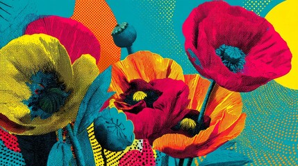 Vibrant cluster of colorful poppy-like flowers in pop-art style with bold outlines, striking palette, and dynamic composition on lively patterned backdrop.